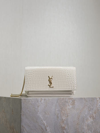 YSL Cassandre Phone Holder In Shiny Crocodile-Embossed Leather In White - 18.5x11x2.5cm