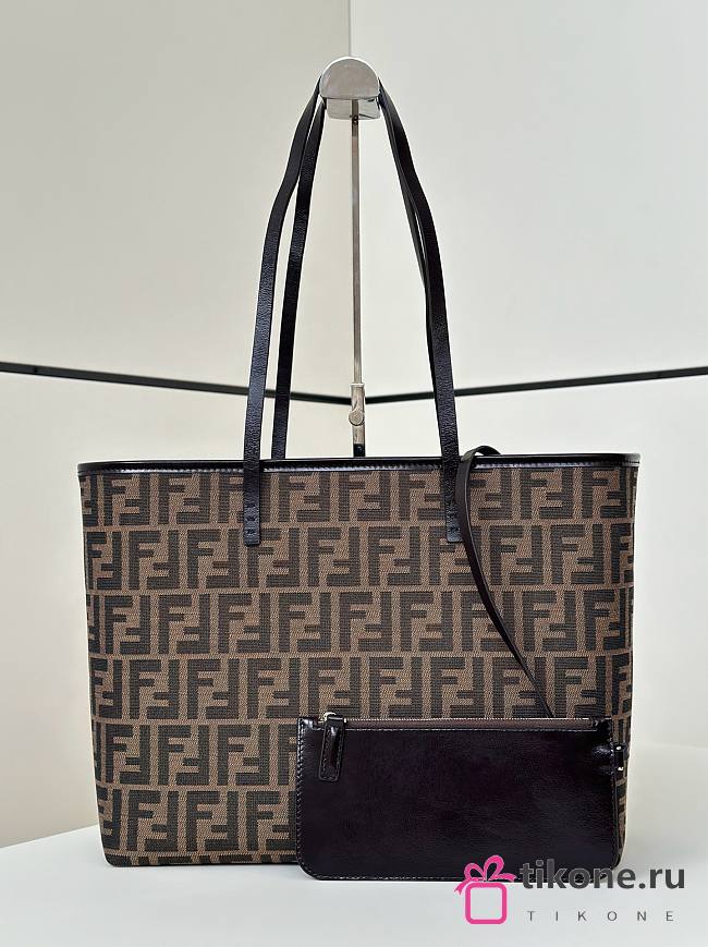 Fendi Roll Large Tobacco Brown FF Jacquard and Striped Pequin Fabric Shopper - 35x32x19.5cm - 1