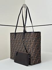 Fendi Roll Large Tobacco Brown FF Jacquard and Striped Pequin Fabric Shopper - 35x32x19.5cm - 4