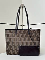 Fendi Roll Large Tobacco Brown FF Jacquard and Striped Pequin Fabric Shopper - 35x32x19.5cm - 3
