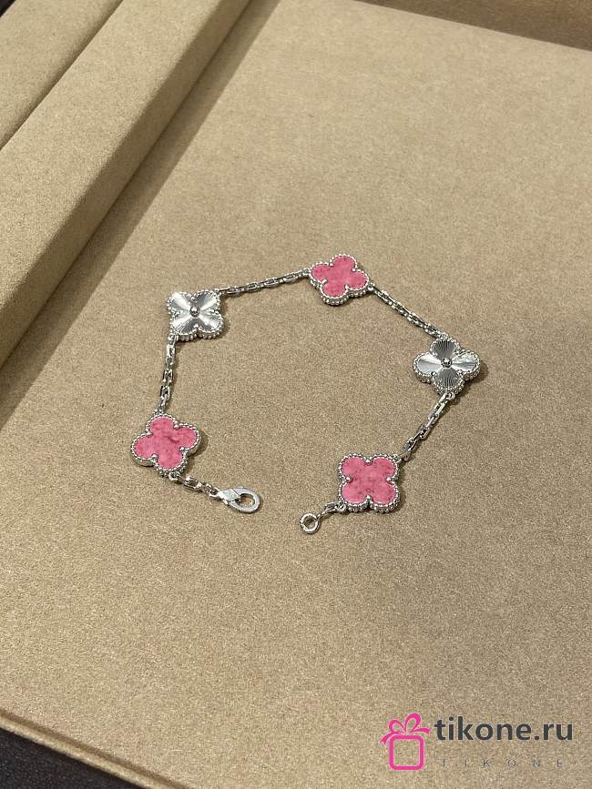 VCA Vintage Alhambra Bracelet 5 Motifs 18K White Gold and Pink Rhodonite - 1