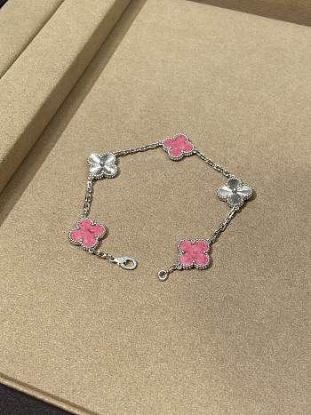 VCA Vintage Alhambra Bracelet 5 Motifs 18K White Gold and Pink Rhodonite