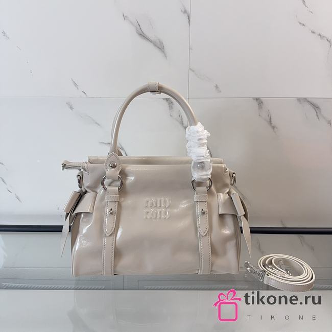 Miumiu Shiny Leather Top-handle Bag Travertine Stone 5BA327 - 27x16x13cm - 1