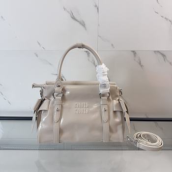 Miumiu Shiny Leather Top-handle Bag Travertine Stone 5BA327 - 27x16x13cm