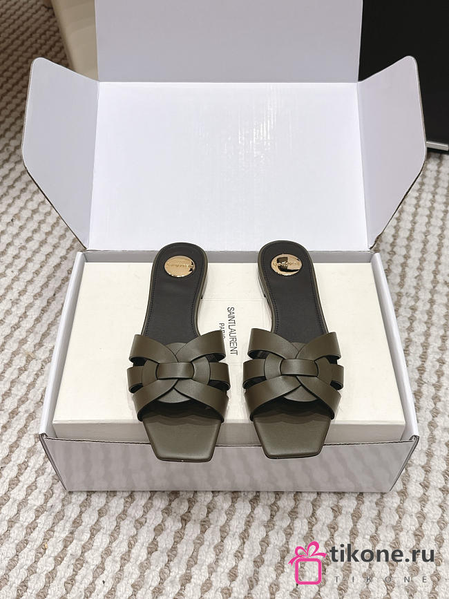 YSL Tribute Mules In Smooth Leather Dark Green - 1