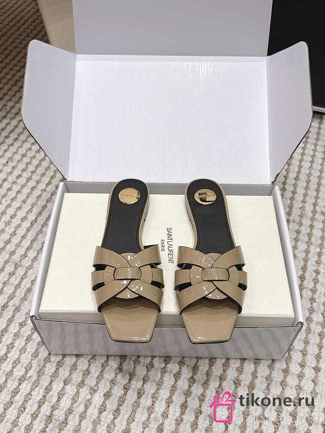 YSL Tribute Mules In Patent Leather Dark Beige - 1