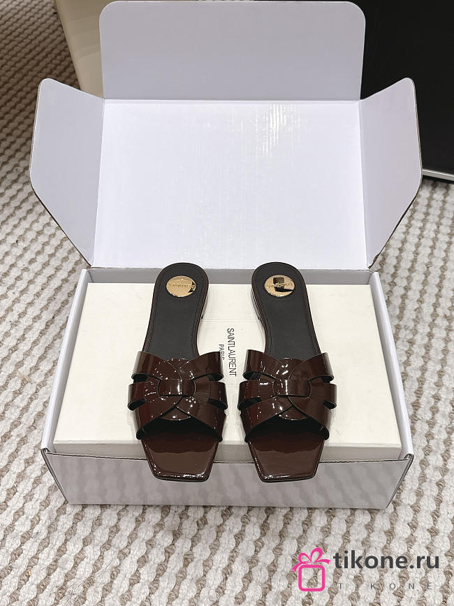 YSL Tribute Mules In Patent Leather Dark Brown - 1