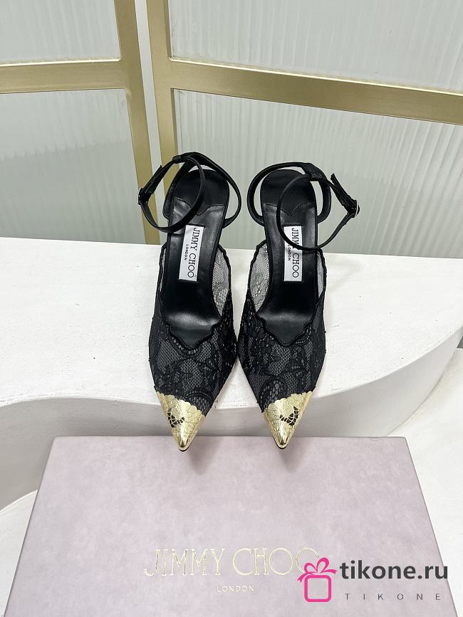 Jimmy Choo Faiz 100 Lace Pumps with Metal Lace Black/Gold - 1