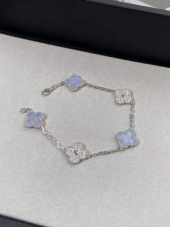 Vintage Alhambra Bracelet 5 Motifs 18K White Gold Diamond Chalcedony