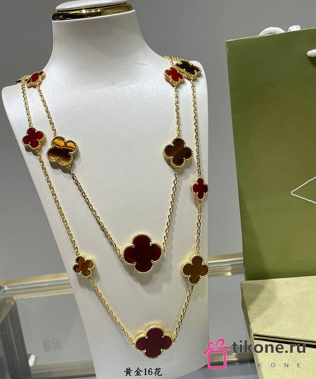 VCA Magic Alhambra Long Necklace 16 Motifs 18k Yellow Gold Carnelian Red, Tiger Eye  - 1