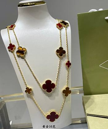 VCA Magic Alhambra Long Necklace 16 Motifs 18k Yellow Gold Carnelian Red, Tiger Eye 