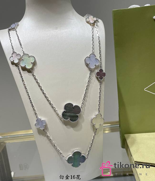 VCA Magic Alhambra Long Necklace 16 Motifs 18k White Gold Mother-Of-Pearl, Chalcedony - 1