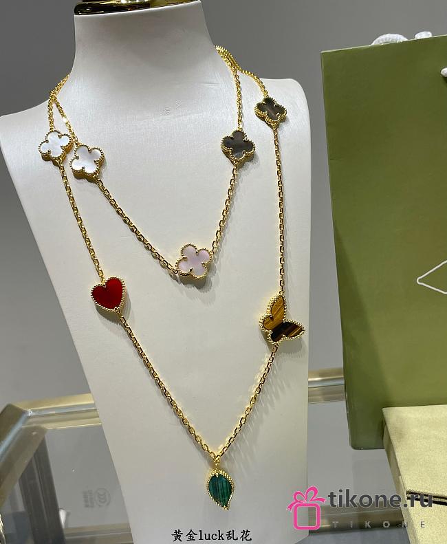 VCA Lucky Alhambra Long Necklace 15 Motifs 18K Yellow Gold Carnelian, Malachite, Mother-Of-Pearl, Tiger Eye - 1