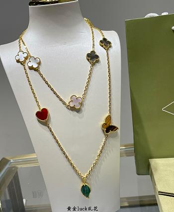 VCA Lucky Alhambra Long Necklace 15 Motifs 18K Yellow Gold Carnelian, Malachite, Mother-Of-Pearl, Tiger Eye