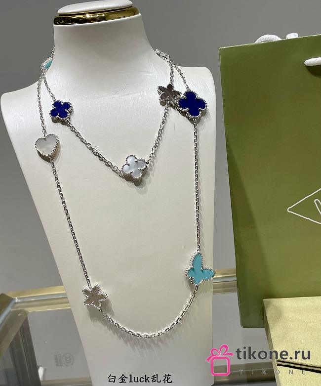 VCA Lucky Alhambra Long Necklace 15 Motifs 18K White Gold Lapis Lazuli, Mother of pearl, Turquoise - 1