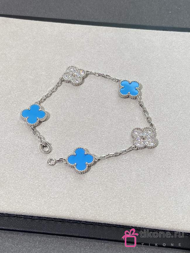 VCA Vintage Alhambra Bracelet 5 Motifs 18k White Gold Diamond Turquoise - 1