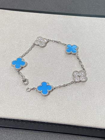 VCA Vintage Alhambra Bracelet 5 Motifs 18k White Gold Diamond Turquoise