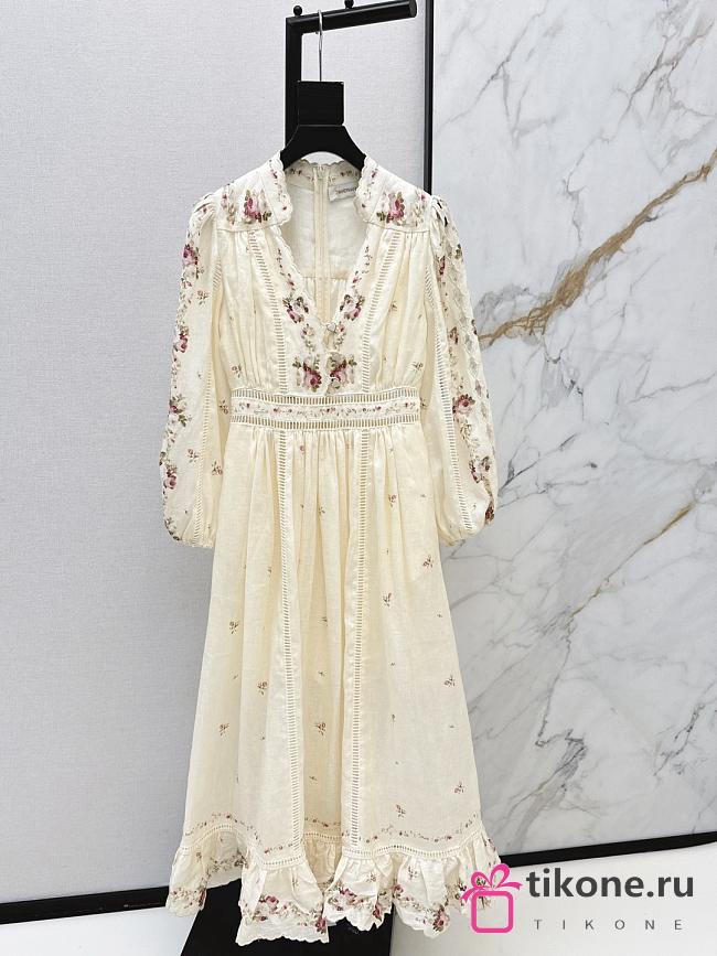 Zimmermann Patience Plunge Midi Dress in Cream/Pink Rose 5372DRS264 - 1