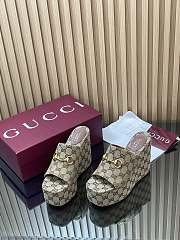 Gucci Wedge Sandal with Horsebit Beige and Dark Brown GG Canvas - 5