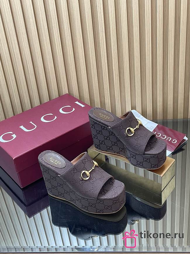 Gucci Wedge Sandal with Horsebit Dark Brown GG Canvas - 1