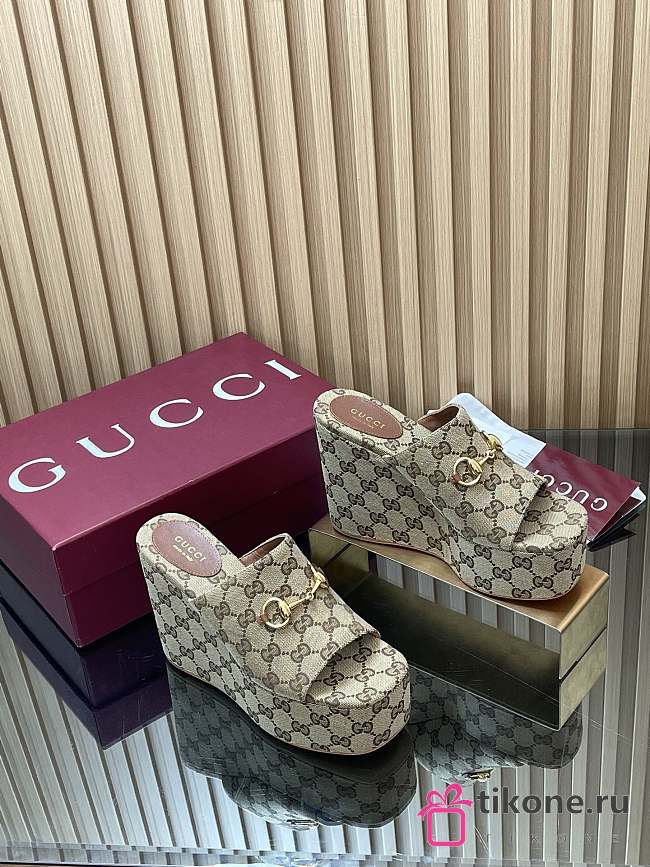 Gucci Wedge Sandal with Horsebit Beige and Dark Brown GG Canvas - 1