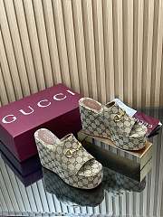 Gucci Wedge Sandal with Horsebit Beige and Dark Brown GG Canvas - 1