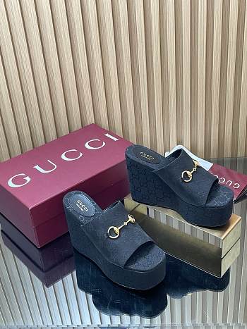 Gucci Wedge Sandal with Horsebit Black GG Canvas