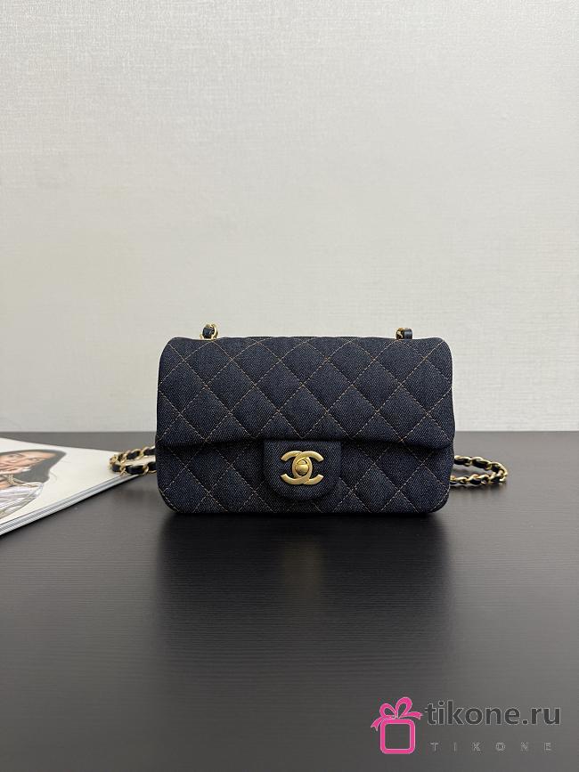 Chanel Mini Classic Handbag Denim & Gold Metal Dark Blue & Orange - 20x12x6cm - 1