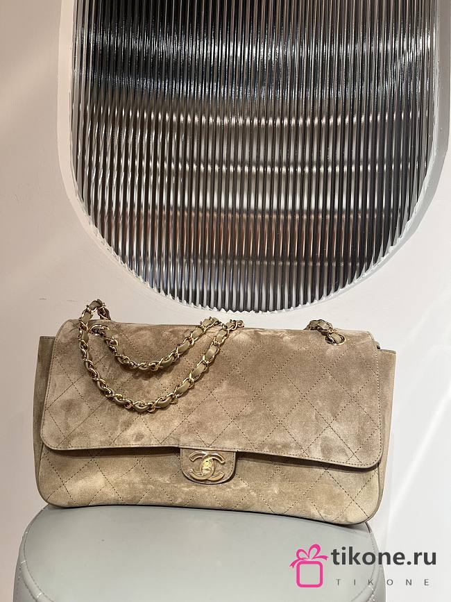 Chanel Maxi Flapbag Suede Calfskin & Gold-Tone Metal Dark Beige - 32x19.5x10cm - 1
