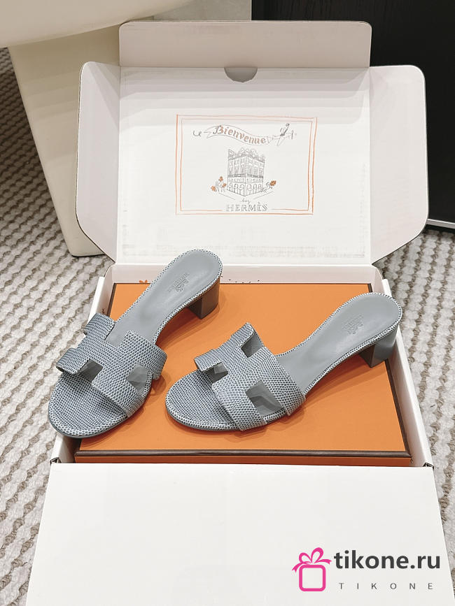 Hermes Oasis Sandal Shiny Lizard Light Gray 5cm  - 1