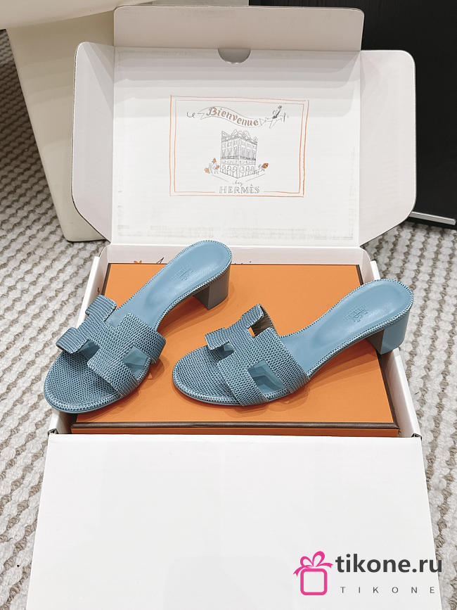 Hermes Oasis Sandal Shiny Lizard Blue 5cm  - 1