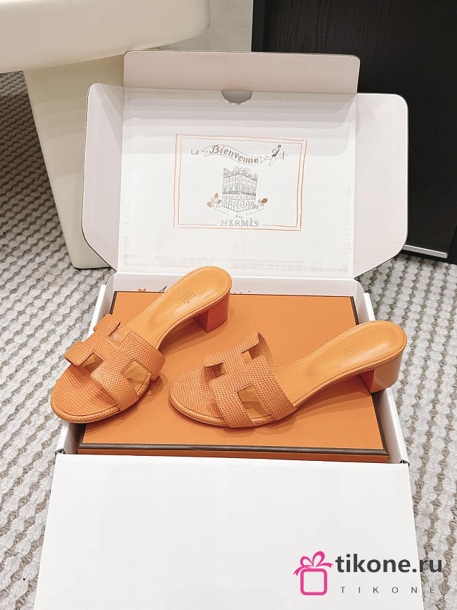 Hermes Oasis Sandal Shiny Lizard Orange 5cm  - 1