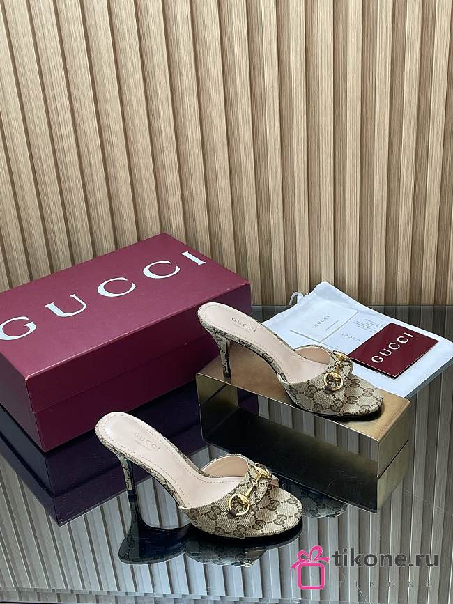 Gucci Women's Slide Sandal With Horsebit Beige And Dark Brown GG Canvas 8.5cm - 1
