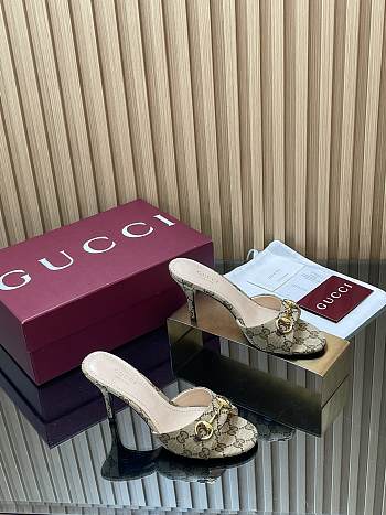 Gucci Women's Slide Sandal With Horsebit Beige And Dark Brown GG Canvas 8.5cm