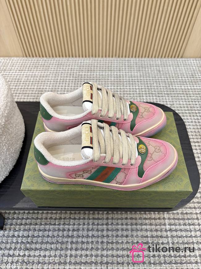Gucci Women's Serigraphy Screener Trainer Pink Leather Beige And Dark Brown GG Canvas - 1