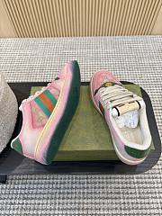 Gucci Women's Serigraphy Screener Trainer Pink Leather Beige And Dark Brown GG Canvas - 3