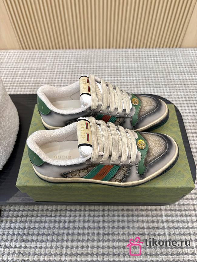 Gucci Women's Serigraphy Screener Trainer Black Leather Beige And Dark Brown GG Canvas - 1