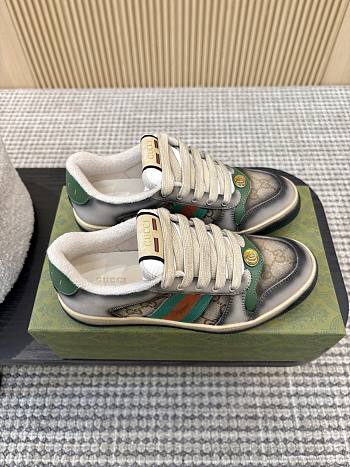 Gucci Women's Serigraphy Screener Trainer Black Leather Beige And Dark Brown GG Canvas