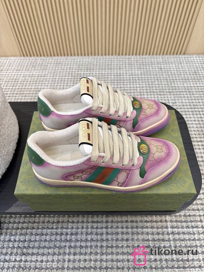 Gucci Women's Serigraphy Screener Trainer Purple Leather Beige And Dark Brown GG Canvas - 1