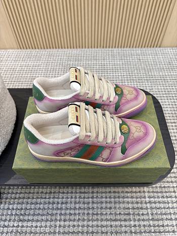 Gucci Women's Serigraphy Screener Trainer Purple Leather Beige And Dark Brown GG Canvas