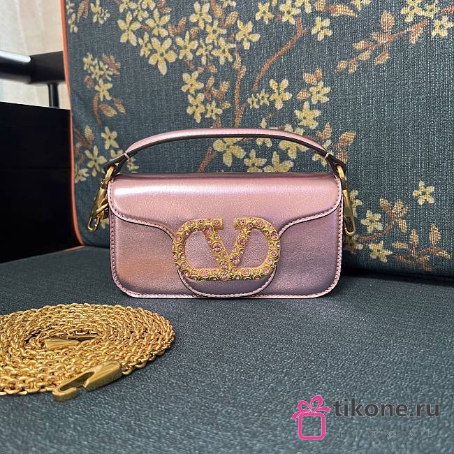 Valentino Garavani Loco Small Shoulder Bag In Laminated Calfskin With Jewel Logo Rose Cannelle - 20x11x5cm - 1