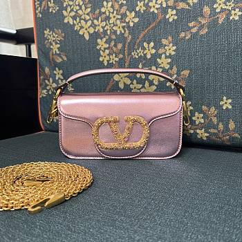 Valentino Garavani Loco Small Shoulder Bag In Laminated Calfskin With Jewel Logo Rose Cannelle - 20x11x5cm