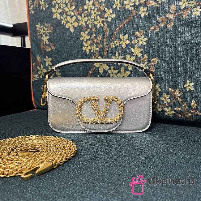 Valentino Garavani Loco Small Shoulder Bag In Laminated Calfskin With Jewel Logo Silver - 20x11x5cm - 1