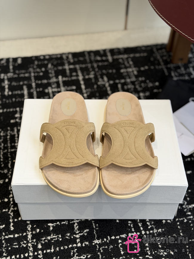 Celine Triomphe Slide In Suede Calfskin Beige - 1