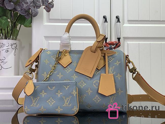 LV Speedy P9 Bandouliere 25 Calfskin Leather Golden Silk Blue M28080 - 25x15x15cm - 1