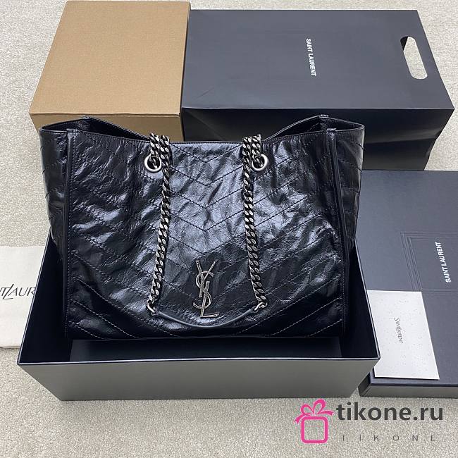 YSL Niki Medium Shopping In Vintage Leather Black Silver Tone - 33x27x14cm - 1