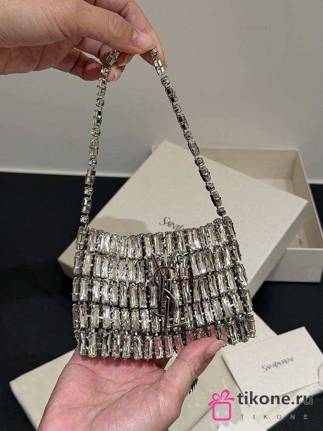 YSL Micro Evening Bag In Crystals Silver - 11.5x8.5x2.5cm - 1