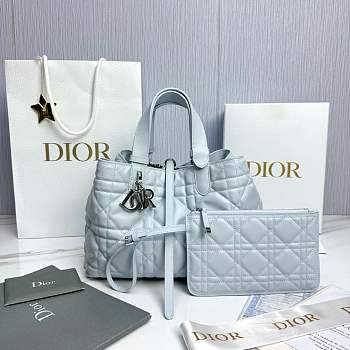 Medium Dior Toujours Bag Ice Blue Macrocannage Calfskin - 28.5x21.5x17cm