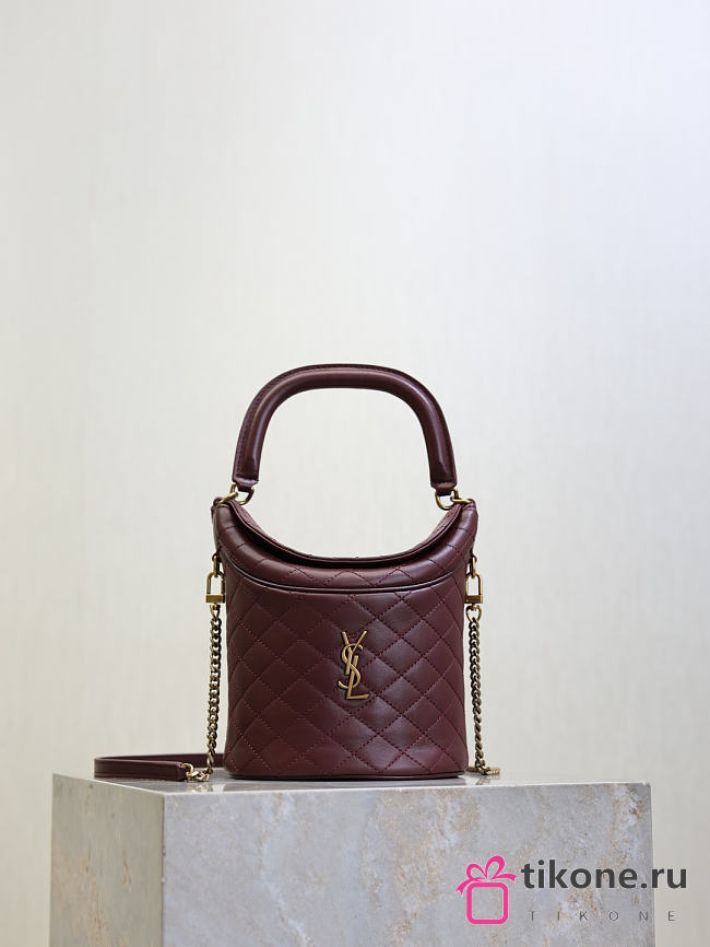 YSL Gaby Bucket Bag In Lambskin Burgundy - 19x17x15cm - 1
