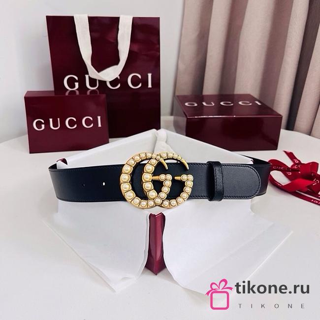 Gucci Leather Belt with Pearl Double G Buckle Black 3.8cm - 1